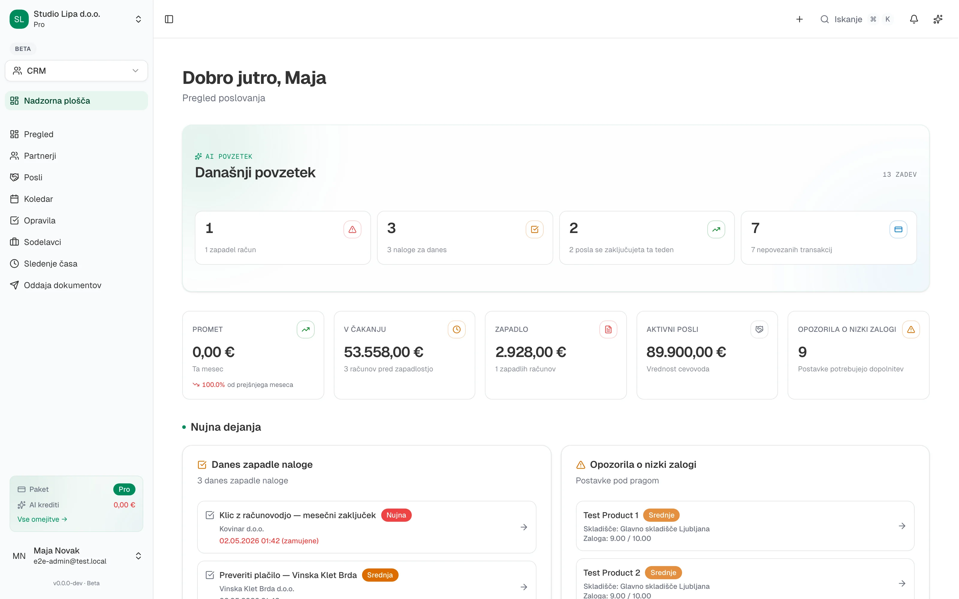 Vega ERP dashboard showing revenue, reminders, and recent invoices