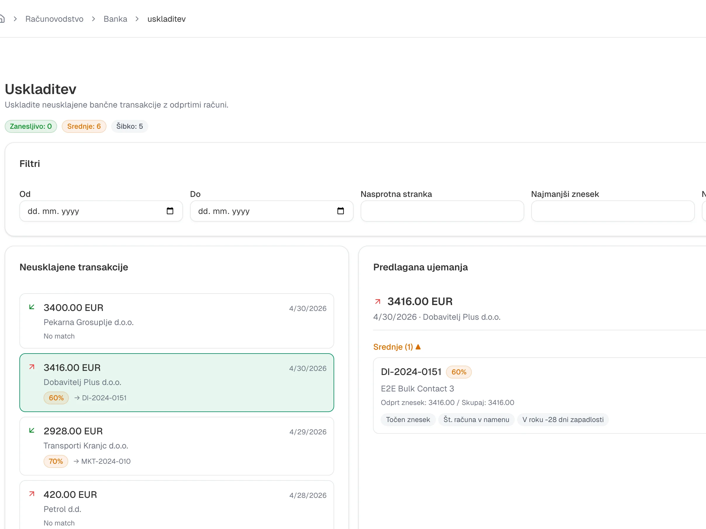 Bank statement reconciliation with auto-matched transactions